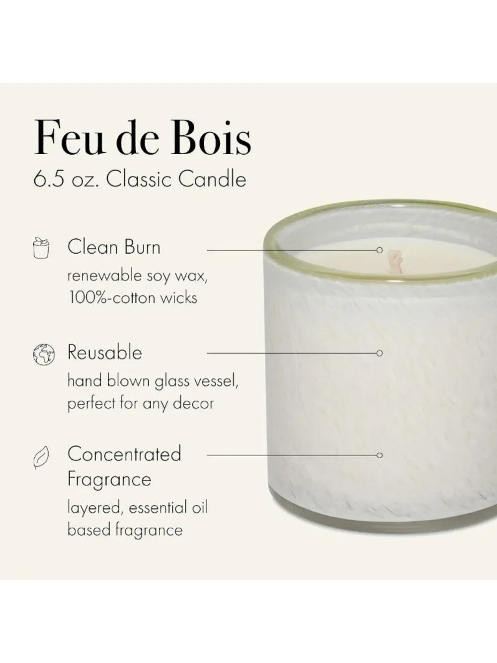 Classic Feu de Bois Candle - 6.5 oz, 50-Hour Burn, Reusable Glass Vessel, USA
